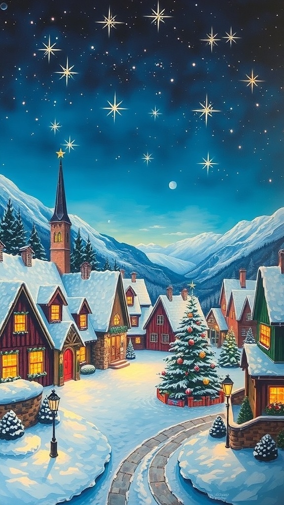 A colorful winter village scene with Christmas decorations and a large tree.